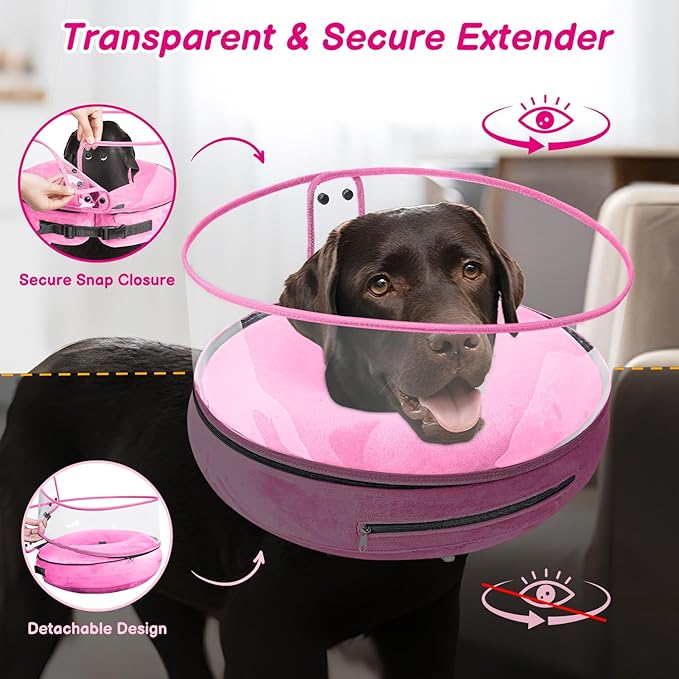 BARKLESS Inflatable Dog Cone, Protective Dog Surgery Collar to Stop Licking Biting Wounds, Patented Soft Donut Cone with Clear Shield, Adjustable Blow-up Collar for Surgery Recovery (Pink, S)