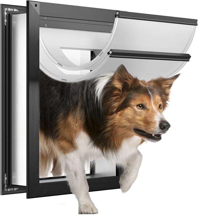ClawJaw Aluminum Dog Door for Wall, Doggy Doors for Large Dogs with 2 Magnetic Flaps, Doggy Door for Exterior Walls, Strong and Durable, Easy to Install, Black(Pets Up to 110 Lb)-Large