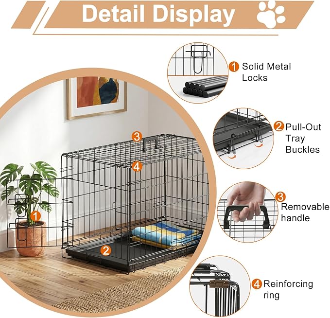 FDW 30inch Dog Crate Pet Cage with Metal Folding Design Plastic Tray Indoor Outdoor Dog Kennel Cage for Small and Medium Dogs,Black