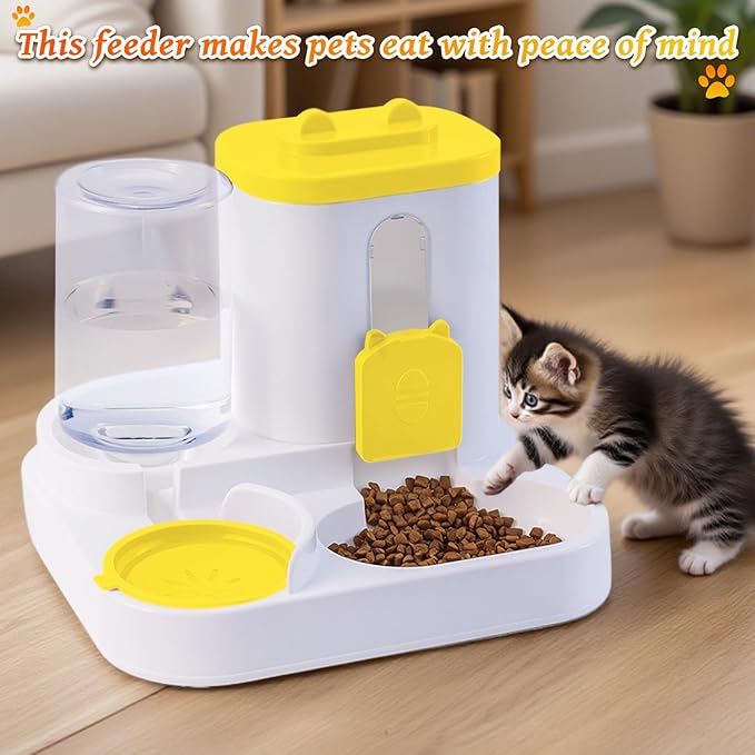 Gravity Cat Feeder and Water Dispenser, 2 in 1 Automatic Cat Feeder, 2 Pack Large Capacity Self Feeding for Small Medium Dog Puppy Kitten （Yellow）
