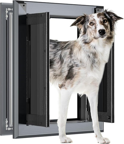 Aluminum French Large Dog Door, Heavy-Duty with Strong Double Magnetic Flaps & Aluminum Telescoping Tunnel, for Large/Medium Dogs Up to 110LBS - Gray