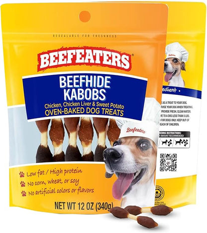 Beefeaters Triple Flavor Beefhide Kabobs 12oz, Dog Treats with Real Chicken, Liver & Sweet Potato – Long-Lasting Dog Kabob Treats for Chewing, Dental Support*, Flavor-Packed Treats - Training Rewards