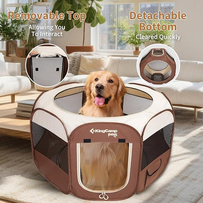 KingCamp Dog Playpen, Portable Foldable Cat Kitten Puppy Tent Crates 29"/36"/50" Pop Up Pet Playpen with Zippered Bottom & Cover for Indoor Outdoor Use (X-Large, Khaki)