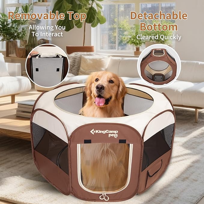 KingCamp Dog Playpen, Portable Foldable Cat Kitten Puppy Tent Crates 29"/36"/50" Pop Up Pet Playpen with Zippered Bottom & Cover for Indoor Outdoor Use (Medium, Khaki)
