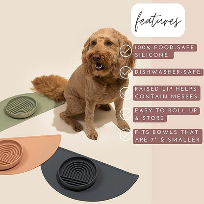 Should We Go - Waterproof Silicone Pet Food Mat - Non-Slip, Spill-Proof Feeding Mat for Floors, Raised Edge Design, Easy-to-Clean Pad for Dog & Cat Bowls, 21" Across x 10.5" Deep, Medium-Sage Green