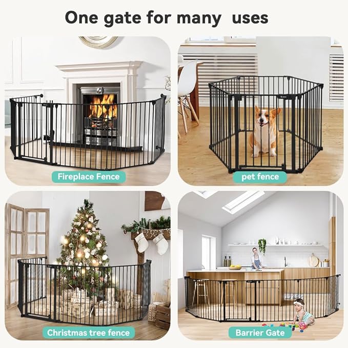 COMOMY 150" Extra Wide Baby Gate with Door, Dog Gates for The House Doorways Fireplace, Auto Close Baby Fence Play Area, Walk Through Pet Gate, Hardware Mounted, 6-Panels (30" Tall, Black)