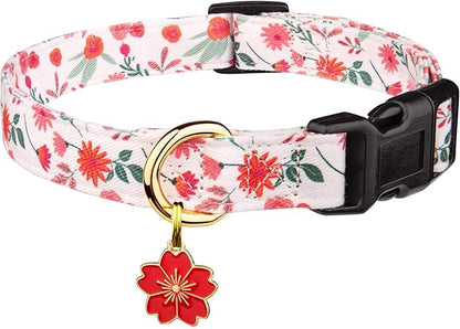 Cotton Handmade Dog Collar Cute and Distinctive Patterns Red and White Flower with Pendant for Girl Boy Dogs Collars L