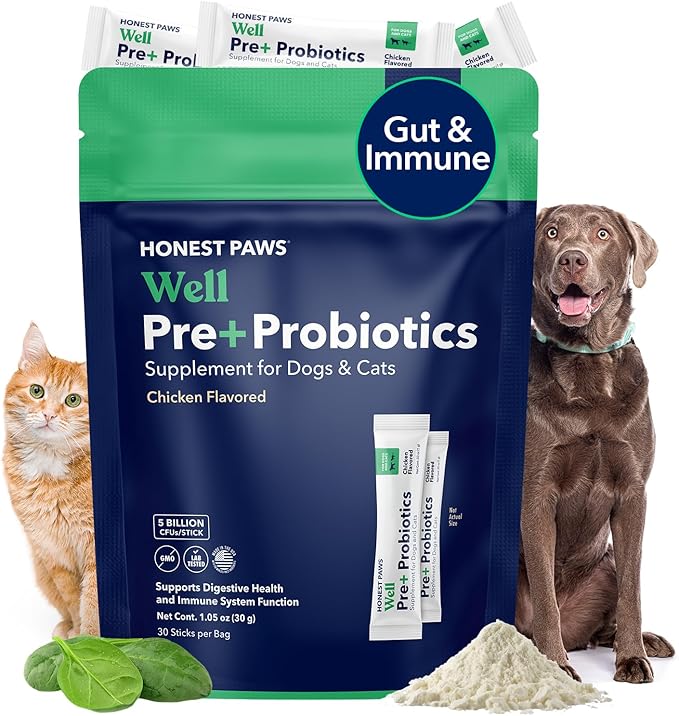 Honest Paws Probiotics for Dogs - Digestive & Immune Support Powder with Prebiotic Made in The USA, Chicken Flavor (30 Sticks)