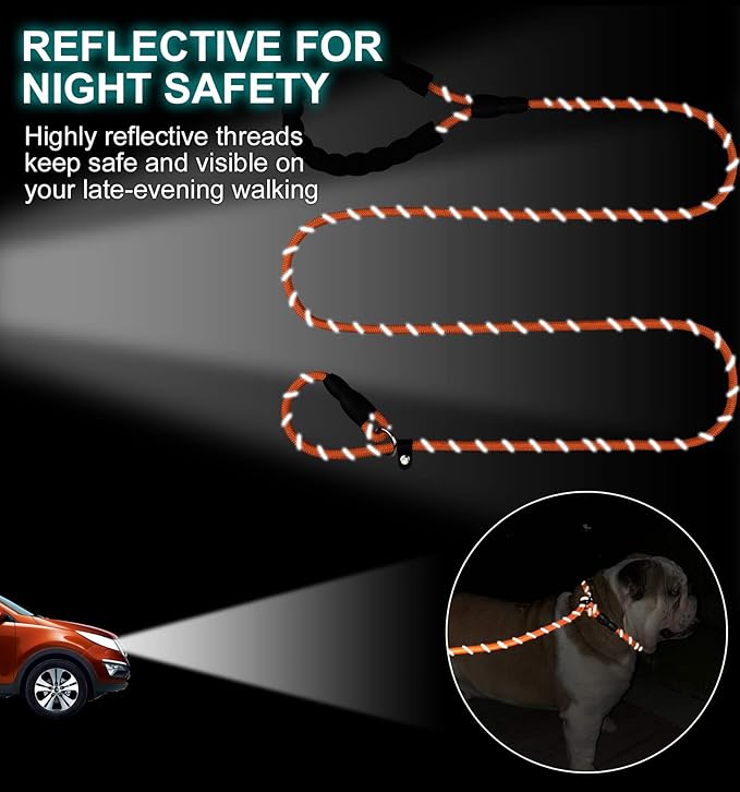 TagME 6ft Slip Dog Lead, No Pull Reflective Training Leash with Padded Handle, Professional Rope P-Leash for Small Medium Large Dogs, Heavy Duty Correction Lead for Walking & Training (Orange)