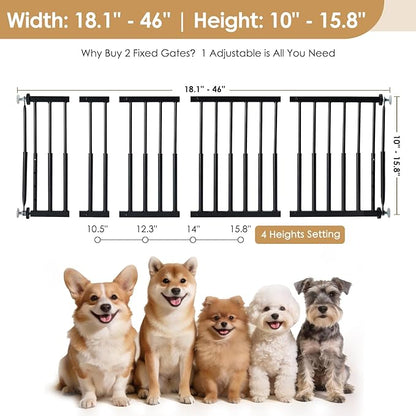 10''-15.8'' Height Adjustable Dog Gate, Extra Wide 18.1"-46" All Metal Short Dog Gate to Step Over, Pressure Mount Small Pet Puppy Gate for Stairs & Doorways(Black)