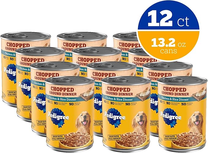 Pedigree Chopped Ground Dinner Adult Soft Wet Dog Food Chicken & Rice Dinner, Canned Dog Food, 13.2 oz. Cans, 12 Count