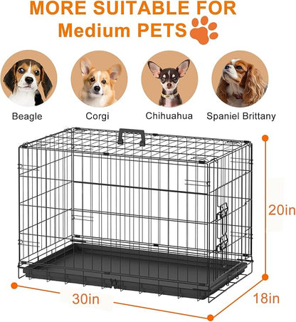 FDW 30inch Dog Crate Pet Cage with Metal Folding Design Plastic Tray Indoor Outdoor Dog Kennel Cage for Small and Medium Dogs,Black