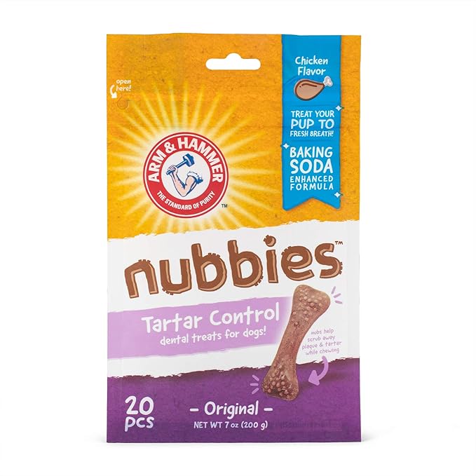 Arm & Hammer for Pets Nubbies Dental Treats - Baking Soda & Calcium Dog Dental Chews, Nubbed Texture Helps Scrub Plaque & Tartar While Chewing, Chicken Flavor, 20 Count, 7 Ounce - 24 Pack