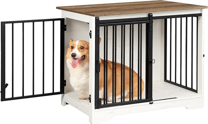 Hzuaneri 31.9" Dog Crate Furniture with Barn Door, Heavy Duty Dog Kennel Indoor with 2 Doors, Wooden Pet Cage End Table for Small Medium Dogs up to 44 lb, Anti-Chew Anti-Escape, White Brown DFC83614B