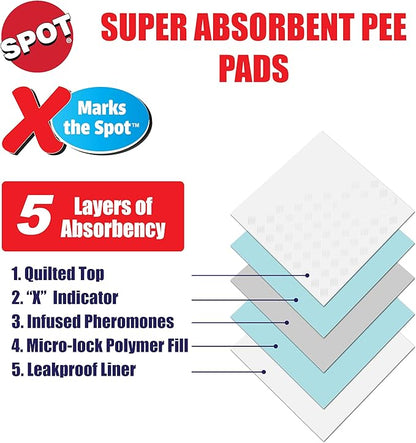 SPOT X Marks The Spot Extra Absorbent Puppy Pads with Adhesive Strips & Pheromones – Attracts Dogs to Center for Training & Potty, 22" x 22", 50-Pack