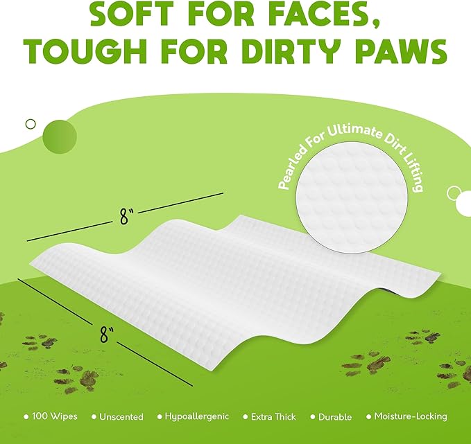 Lick-Safe Daily Pet Wipes for Dogs & Cats - Vet-Approved & Hypoallergenic - Cleans Mud, Odor & Dander - Wipes for Paws, Face & Butt - 10% to Charity - Earth-Friendly & Unscented Cleaning - Pack of 100