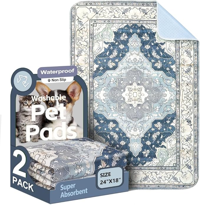 Washable Pee Pads for Dogs 2 Pack Reusable Puppy Training Pads 24"x18" Super Absorbent Waterproof Dog Training Pads, Non-Slip Potty Pads Whelping Pads Litter Mat Pet Supplies - Navy/Mix