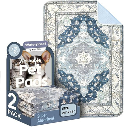 Washable Pee Pads for Dogs 2 Pack Reusable Puppy Training Pads 24"x18" Super Absorbent Waterproof Dog Training Pads, Non-Slip Potty Pads Whelping Pads Litter Mat Pet Supplies - Navy/Mix