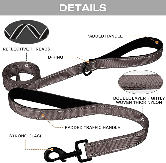Joytale Dog Leash Heavy Duty for Large Dogs that Pull, Double Handle for Traffic Control, Double-Sided Reflective Leashes for Large Medium Dogs Night Safety, 6FT, Brown