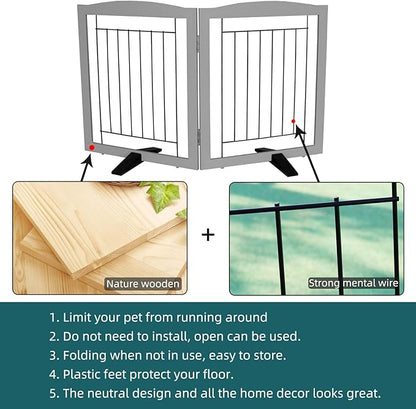 ZJSF Freestanding Dog Fence Indoor, Foldable Dog Gate for Doorways, Stairs or Hallways, Sturdy Wood Extra Wide Pet Gate with Support Feet for The House, Grey, 24 "Height-2 Panels