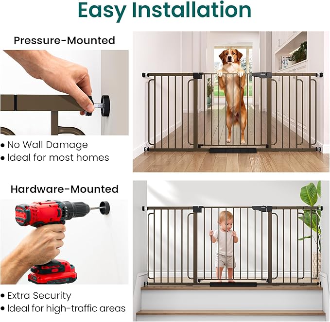 Cumbor 29.7-51.5" Baby Gate (Brown) & 36.6-69" Extra Wide Dog Gate (Brown) for Stairs, Doorways & Hallways
