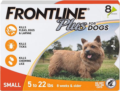 FRONTLINE Plus for Dogs Flea and Tick Treatment (Small Dog, 5-22 lbs.) 8 Doses (Orange Box)