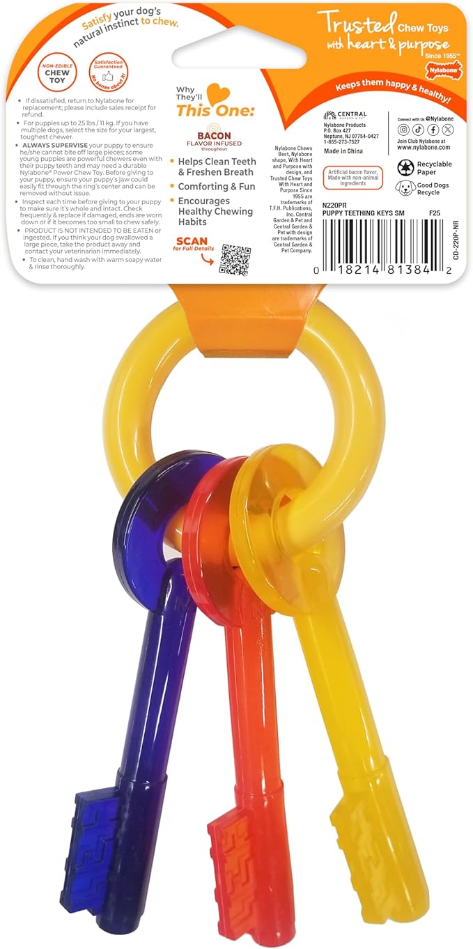 Nylabone Puppy Chew Key Ring Toy, Toys for Teething Puppies, Multi Color, Bacon Flavor, Small - Up to 25 lbs, 1 Count