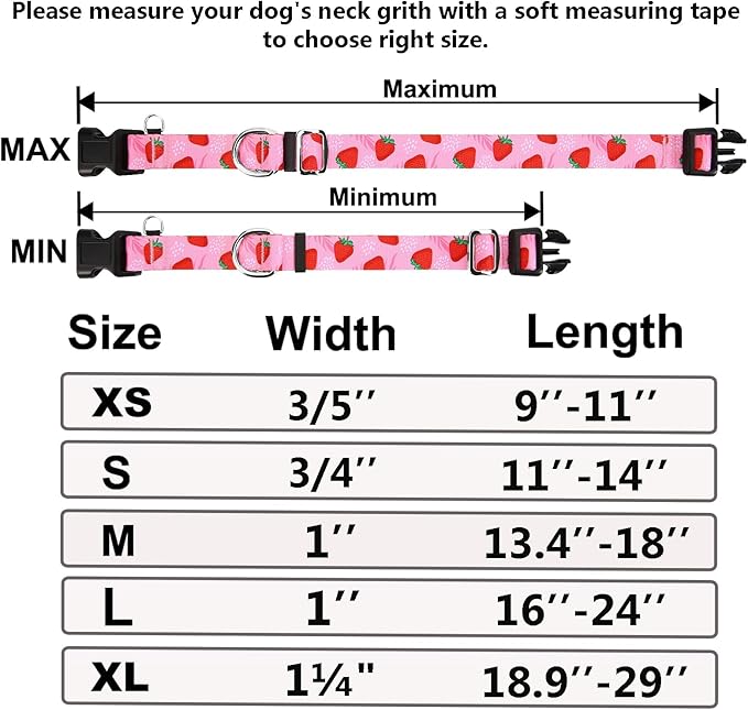 Martingale Collar for Dogs with Pink Strawberry Pattern No Pull Training Nylon Limited Slip Collars for Medium Dogs