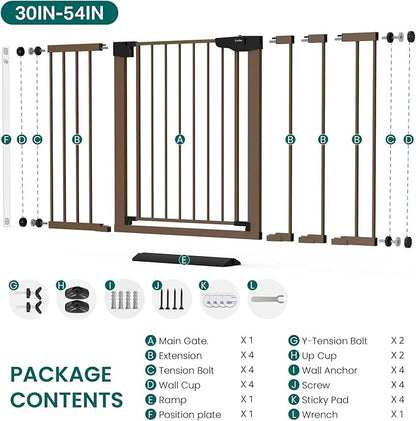 Cumbor 30-54" Extra Wide Baby Gate for Stairs, Dual Lock & Self-Closing Dog Gate Indoor, Easy Install Pet Gate for Doorways, Hallways & Kitchen, Easy Walk Thru Safety Proofing for Babies & Pets, Brown