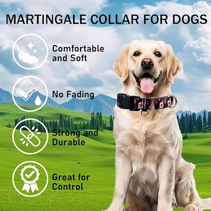 Martingale Collar for Dogs Pink Floral Dog Collars for Small Dogs with Buckle Girl Female Soft Nylon Dog Collar (Black Pink Rose, S)