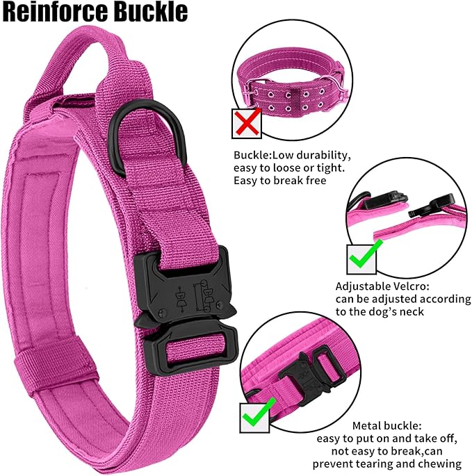 Tactical Dog Collar Heavy Duty Metal Buckle with Handle for Dog Training (Pink, M)