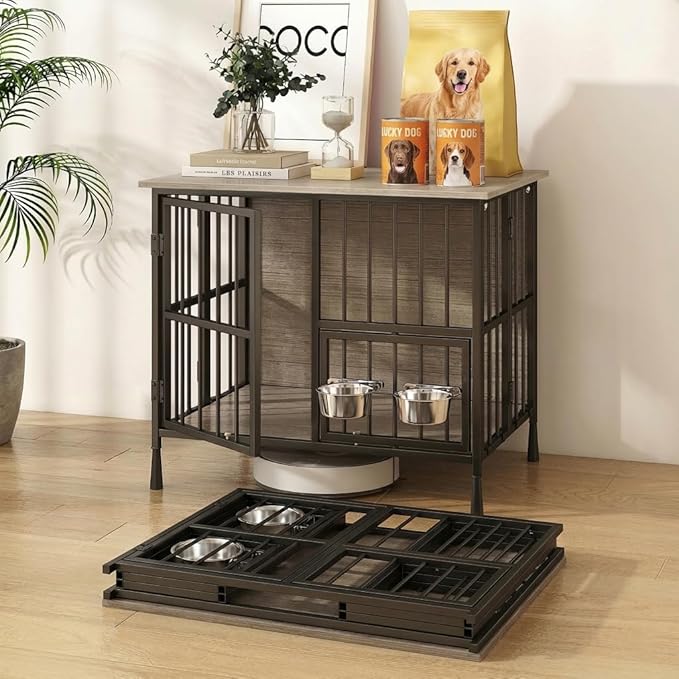 Hadulcet Foldable Dog Crate Furniture, No Assembly Indoor Dog Kennel with Storage Top, Wooden Dog Crate Table for Small to Medium Dogs (Up to 30 lbs), 27.55” Furniture Style Dog Cage with 2 Bowls Gray