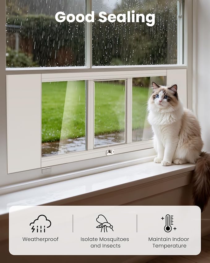 Upgraded Pet Cat Door for Window, Adjustable Width of 35"-46" Window Cat Door Insert, Quick Installation Pet Doors for Cats Small Dog with Aluminum Frame, Tight Seal, Safety & Weatherproof, HD Glass