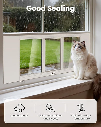 Upgraded Pet Cat Door for Window, Adjustable Width of 23"-34" Window Cat Door Insert, Quick Installation Pet Doors for Cats Small Dog with Aluminum Frame, Tight Seal, Safety & Weatherproof, HD Glass