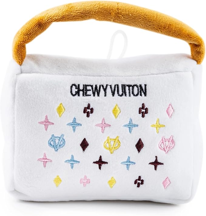 Haute Diggity Dog Chewy Vuiton Handbag Plush Squeaky Dog Toy, Soft Durable Designer-Inspired Stuffed Puppy Chew Toys for Small & Medium Dogs, Machine-Washable (White) Large