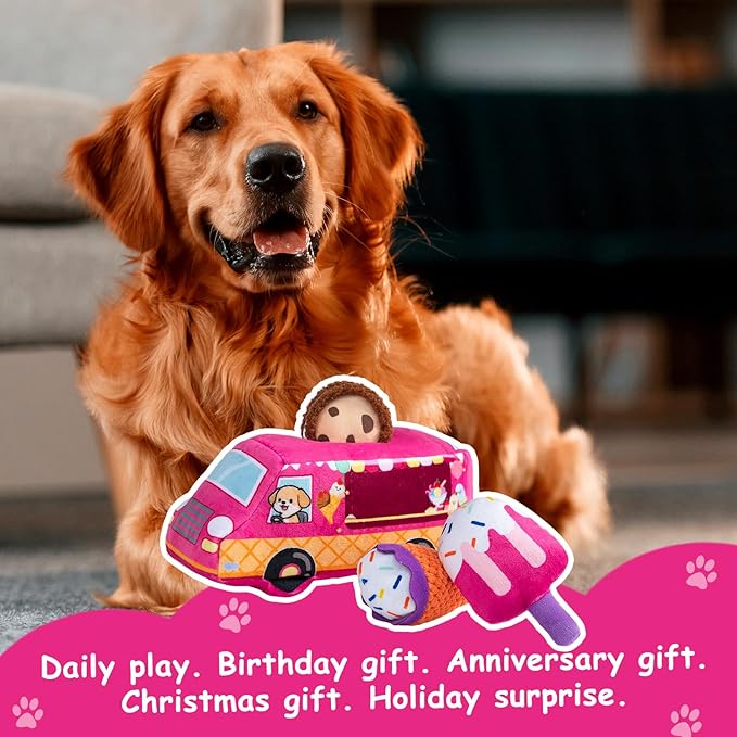 Hollypet Squeaky Dog Toy, Interactive Plush Hide and Seek Dog Toys for Small Medium Sized Dogs and Non-Aggressive Chewers, Puppy Teeth Clean Chew Toys, Ice Cream Truck