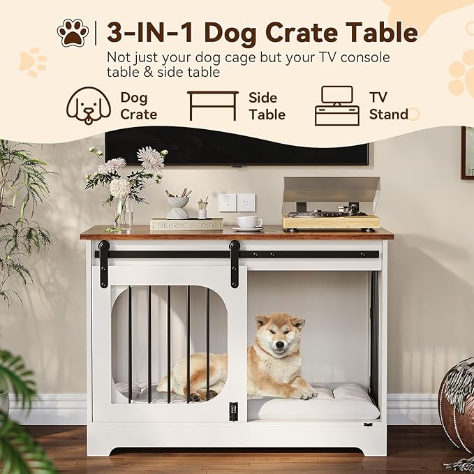 Dog Crate Furniture, 39.4 in Dog Kennel for Dogs Up to 70 LB, with Bed Mat, Heavy-Duty Dog Cage End Table, Three Doors Dog House, White/Brown