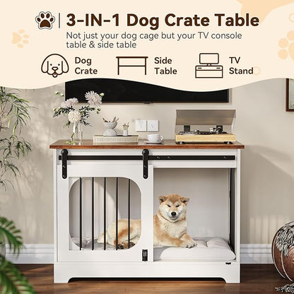 Dog Crate Furniture, 39.4 in Dog Kennel for Dogs Up to 70 LB, with Bed Mat, Heavy-Duty Dog Cage End Table, Three Doors Dog House, White/Brown