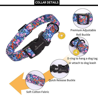 ARING PET Floral Dog Collar, Cute Blue Pink Orange Spring Summer Flower Doggy Pet Collars for Puppy Small Medium Large Girl Female Dogs-S