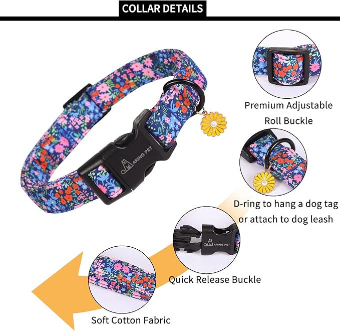 ARING PET Floral Dog Collar, Cute Blue Pink Orange Spring Summer Flower Doggy Pet Collars for Puppy Small Medium Large Girl Female Dogs-M