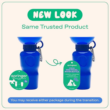 Springer Dog Water Bottle | Portable Travel Water Bottle Dispenser For Dogs - As Seen on Shark Tank | Patented, Leak-Proof Bottles Fill Bowl With Water - Ideal for Walking | BPA-Free 22oz Indigo