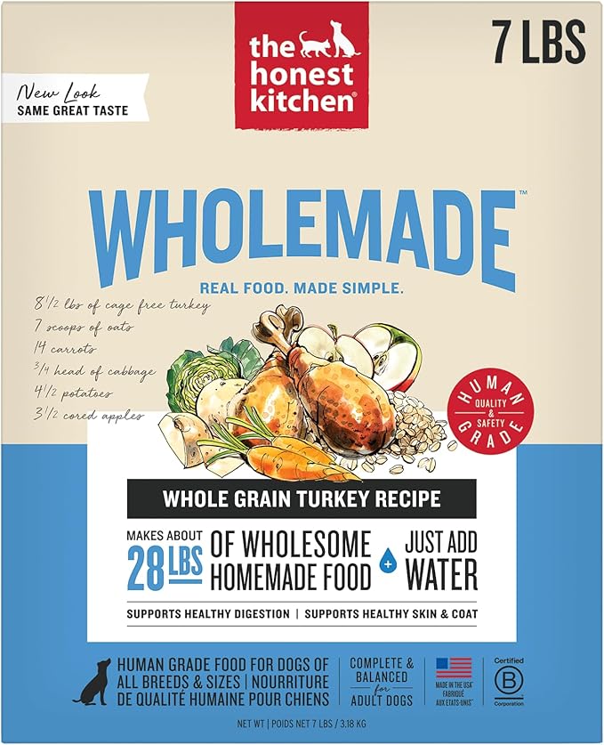 The Honest Kitchen Human Grade Wholemade™ Dehydrated Dog Food, Whole Grain Dog Food, Turkey, 7 lb (Makes 28lbs)