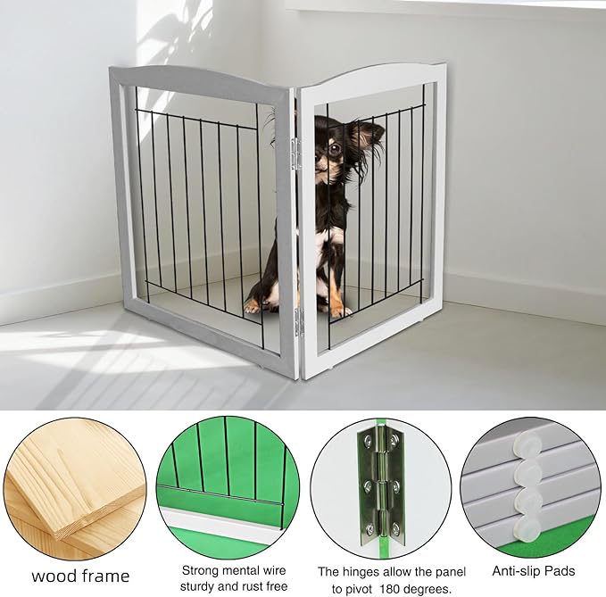 ZJSF Freestanding Foldable Dog Gate for House Extra Wide Wooden Indoor Puppy Gate Stairs Doorways Pet Gate Tall Dog Fence 2 Panels Fence Grey