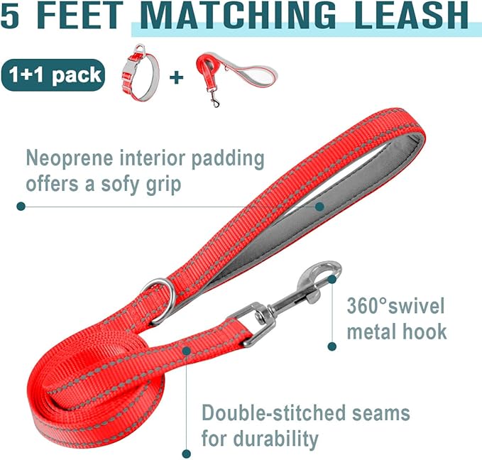 Dog Collar for Medium Small Large Dogs Reflective with Leash,Collar and Leash for Dogs,Soft Neoprene Padded 2 Pack(Red,L)