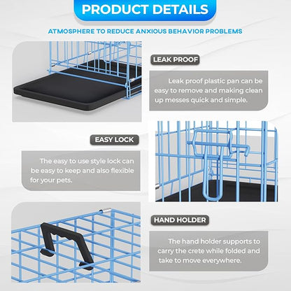 FDW Dog Crate for Small Dogs 18 Inch Folding Metal Wire Pet Cage Single Door W/Divider Panel Indoor Outdoor Kennel Leak-Proof Plastic Tray,Blue