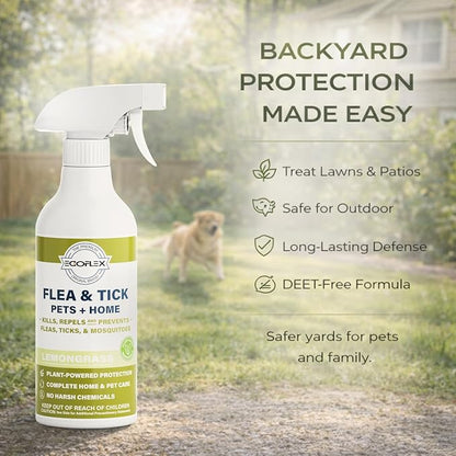 Flea Spray for Home & Pets - Flea and Tick Prevention for Dogs - Plant Based Repellent with Natural Essential Oils for Dog Flea Treatment Protection - Lemongrass Scent - 16 Fl Oz