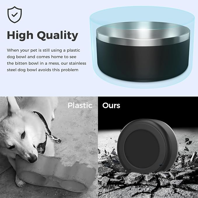WENBOKMIN Dog Bowl, Stainless Steel Dog Food and Water Bowl with Non Slip Quiet Bottom, Easy to Clean, Dishwasher Safe, 64oz, Black