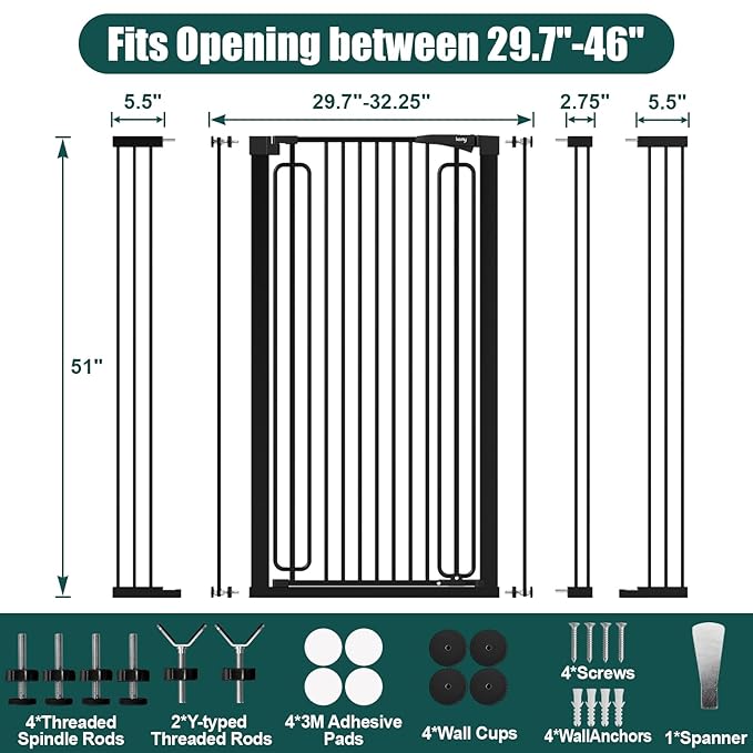 keny 51" Extra Tall Pet Gate, 29.7"-46" Wide Adjustable Cat Gate for Doorway, Hallway, Stairs, Auto-Close & Pressure Mounted, No Drilling, Black