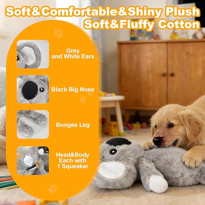 Grey Koala Plush Squeaky Dog Toy with Bungee Leg Puppy Teething Chew Toy Cute Soft Funny Indoor Outdoor Interactive Stuffed Animal Dog Toy for Small Medium Large Dogs Toy Gift 33cm/12.99in