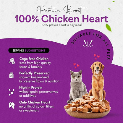 Chicken Hearts for Dogs | Cat Treats Freeze Dried, 100% Human Grade, Single Ingredient | High Protein Cat & Dog Food Toppers | No additives or Preservatives | Inspected & Tested in USA | 2.6 oz.